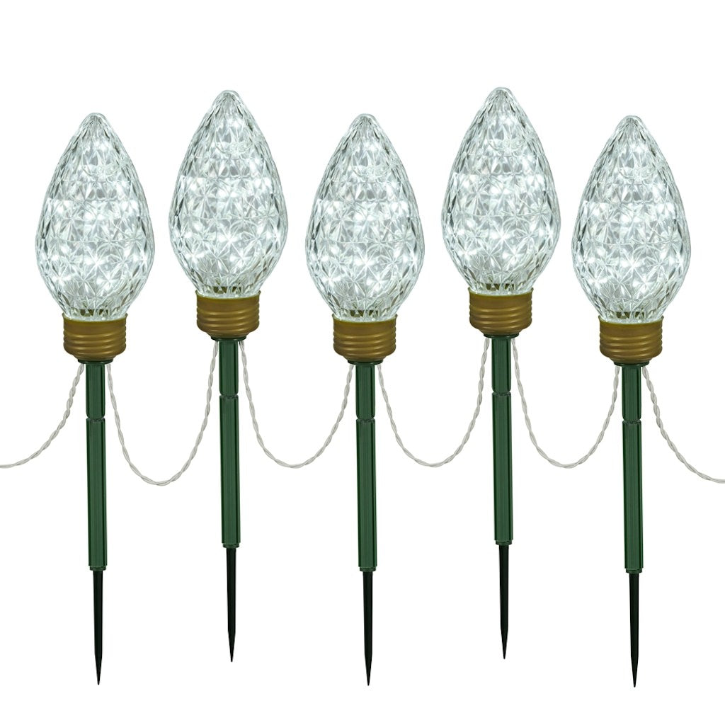 100 Light 8.5" Cool White Faceted C9 LED 5 Piece Lawn Stake Set 1