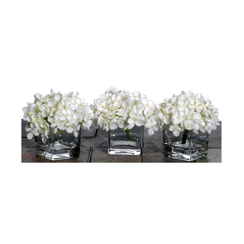 5" Artificial Mini White Hydrangea in Clear Glass Cube (3 pack) 1