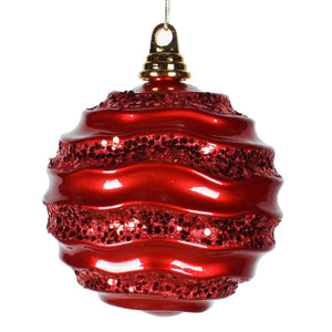 6" Red Candy Glitter Wave Ball Ornament 1