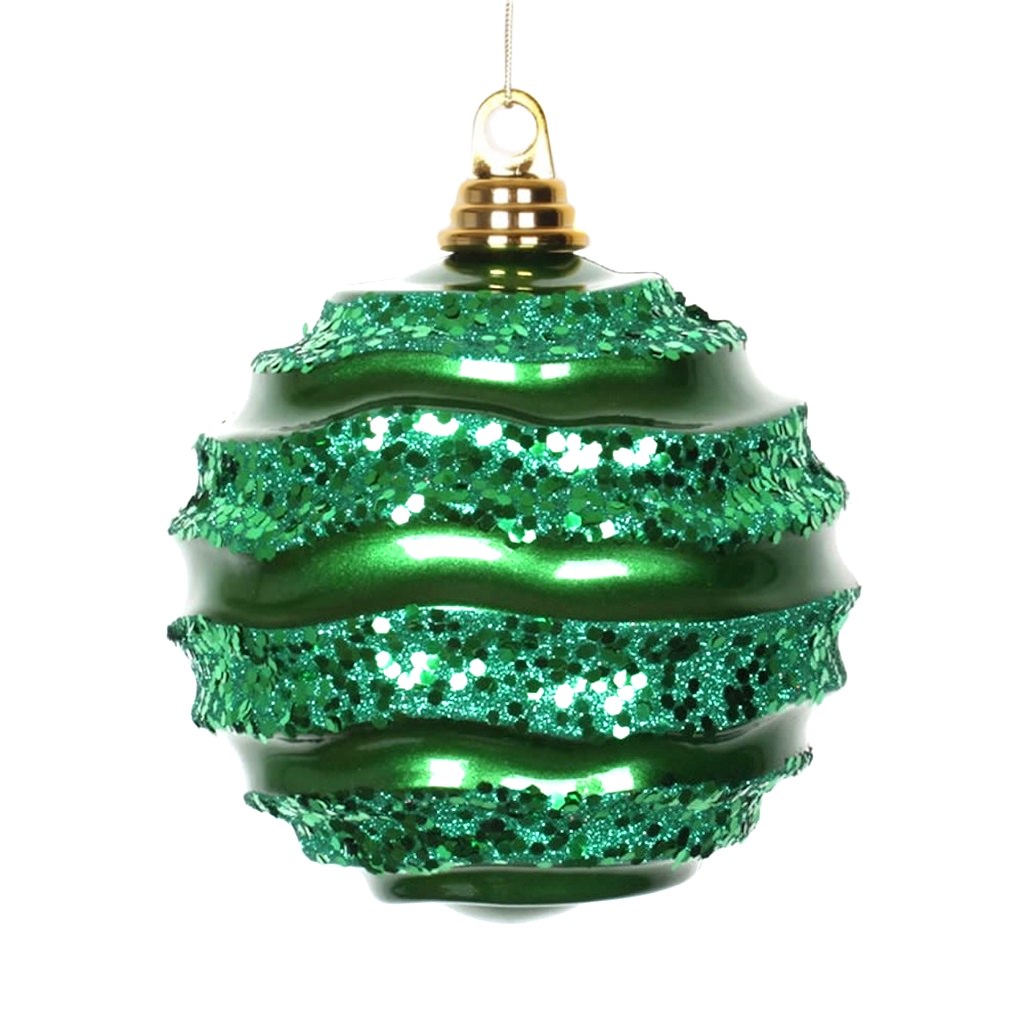 6" Green Candy Glitter Wave Ball Ornament 1