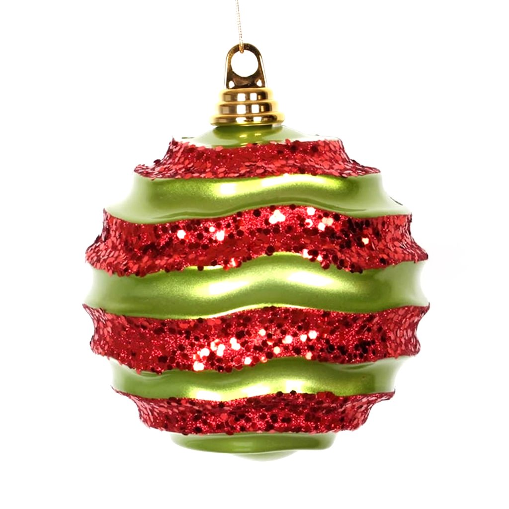 6" Lime / Red Candy Glitter Wave Ball Ornament 1