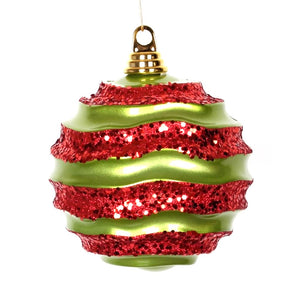 6" Lime / Red Candy Glitter Wave Ball Ornament 1