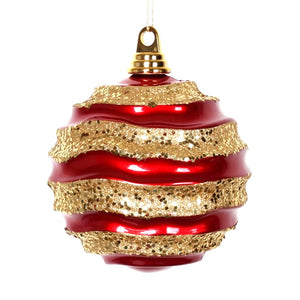 6" Red / Gold Candy Glitter Wave Ball Ornament 1