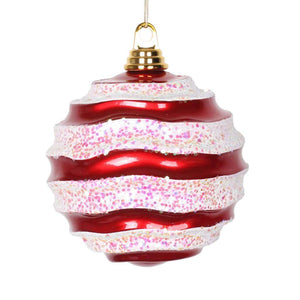 8" Red / White Candy Glitter Wave Ball Ornament 1