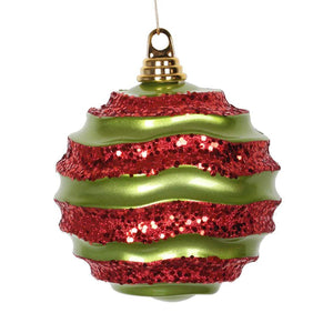 8" Lime / Red Candy Glitter Wave Ball Ornament 1