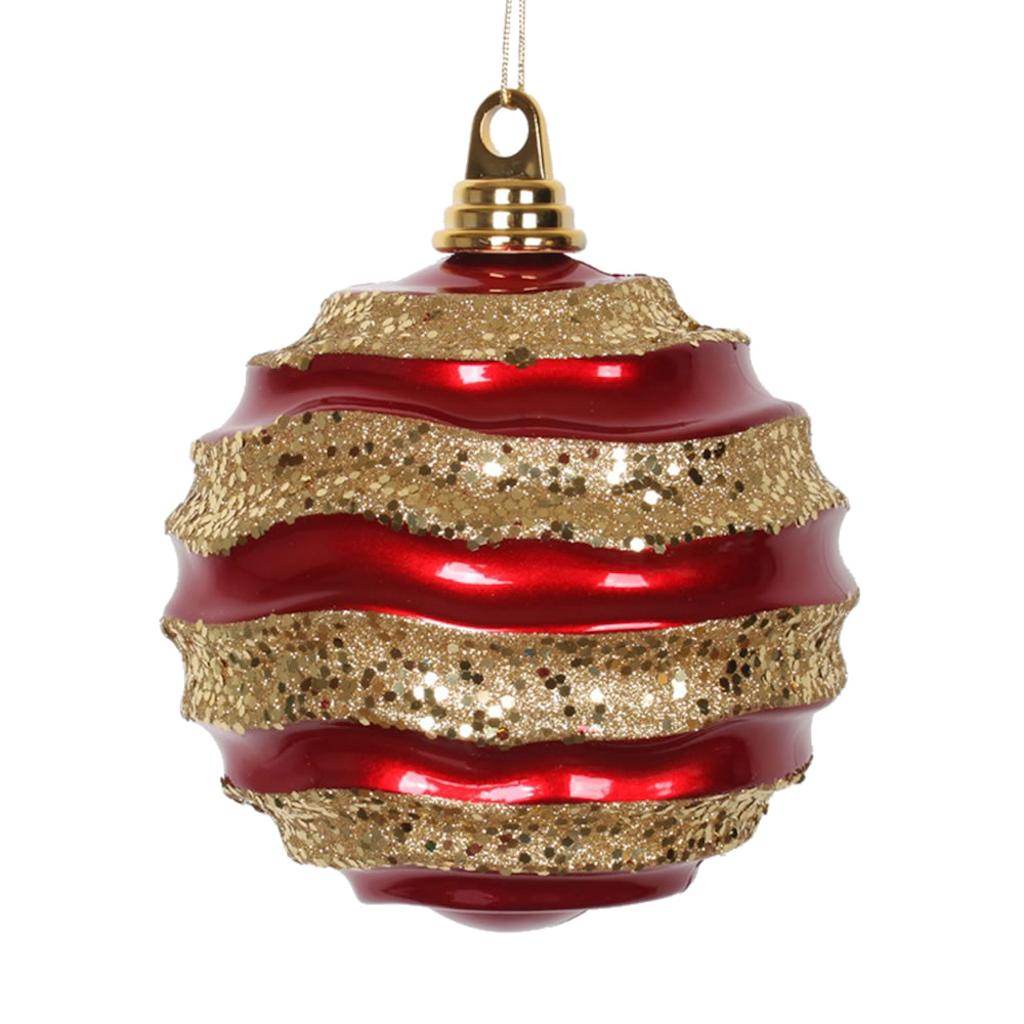 8" Red / Gold Candy Glitter Wave Ball Ornament 1