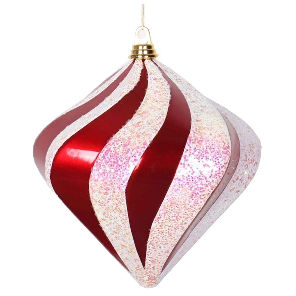 6" Red / White Candy Glitter Swirl Diamond Ornament 1