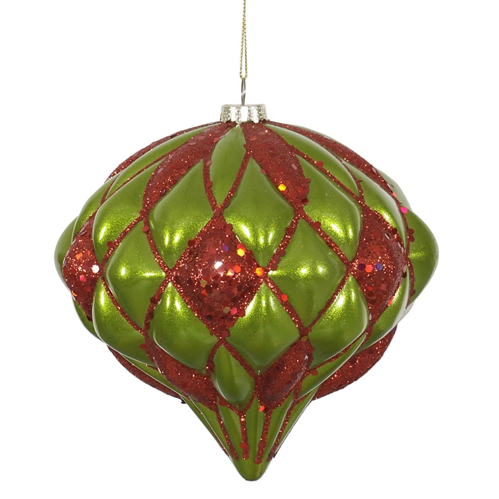 5.7" Lime / Red Matte Glitter Diamond Onion Ornament 1