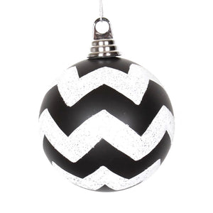 6" Black / White Matte Glitter Chevron Ball Ornament 1