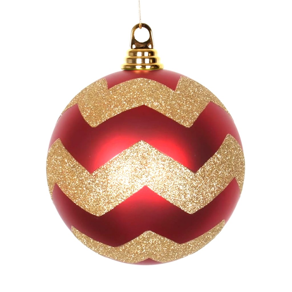 6" Red / Gold Matte Glitter Chevron Ball Ornament 1