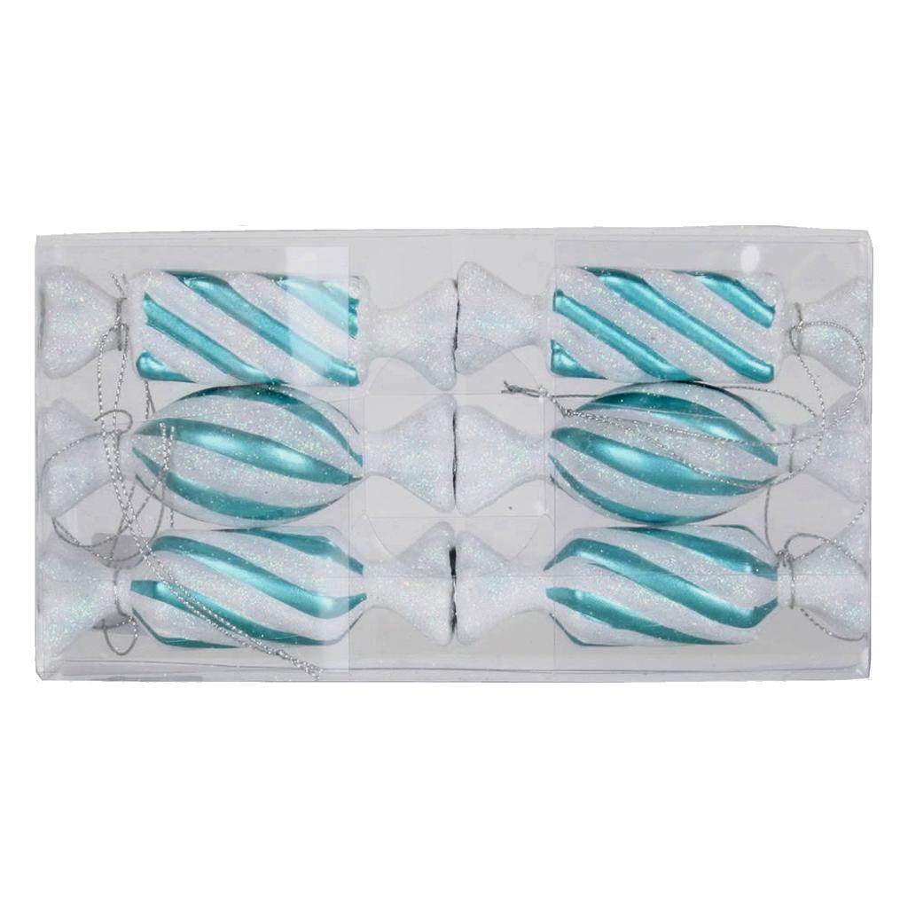 4" Teal / White Candy Glitter Assorted Ornament (6 pack) 1
