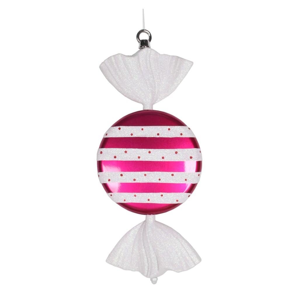 13" Cerise / White Stripe Flat Glitter Candy Ornament 1