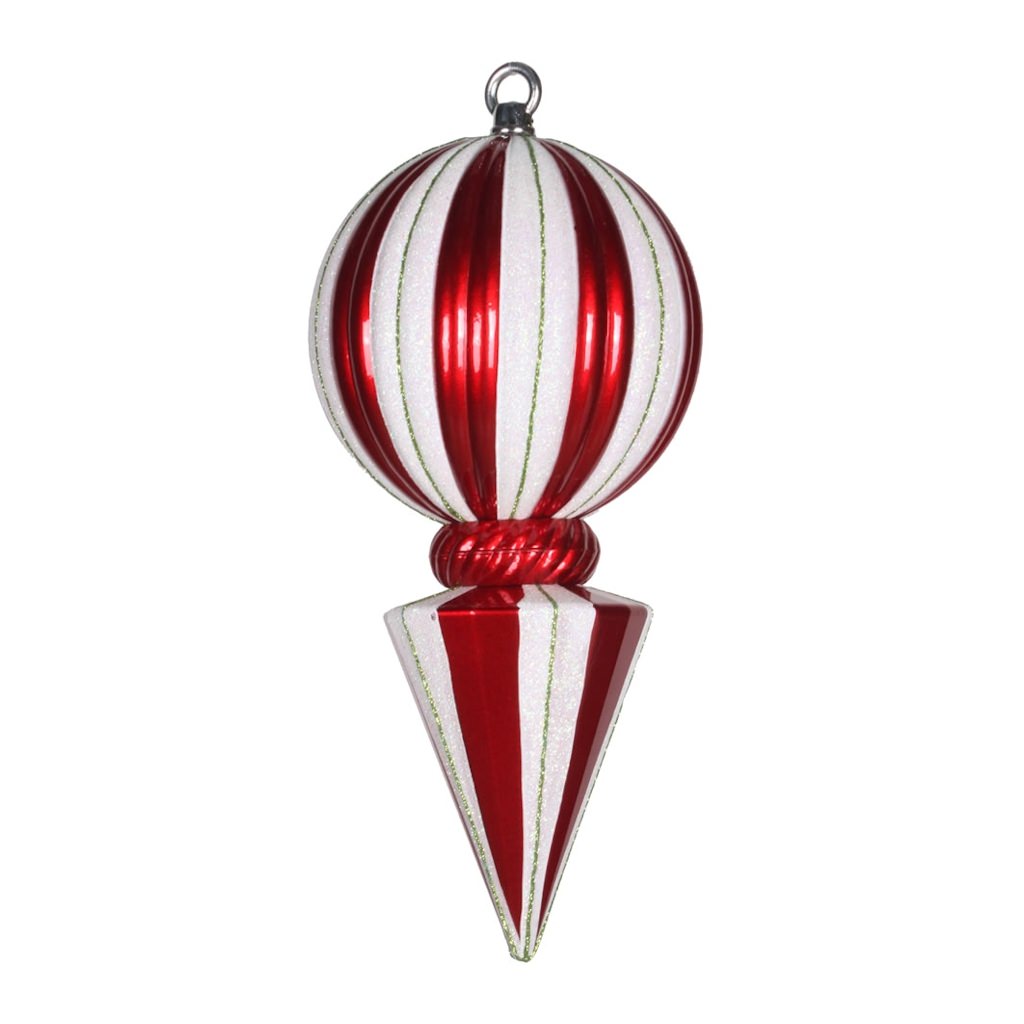 12" Red / White Striped Glitter Ball Finial Ornament 1