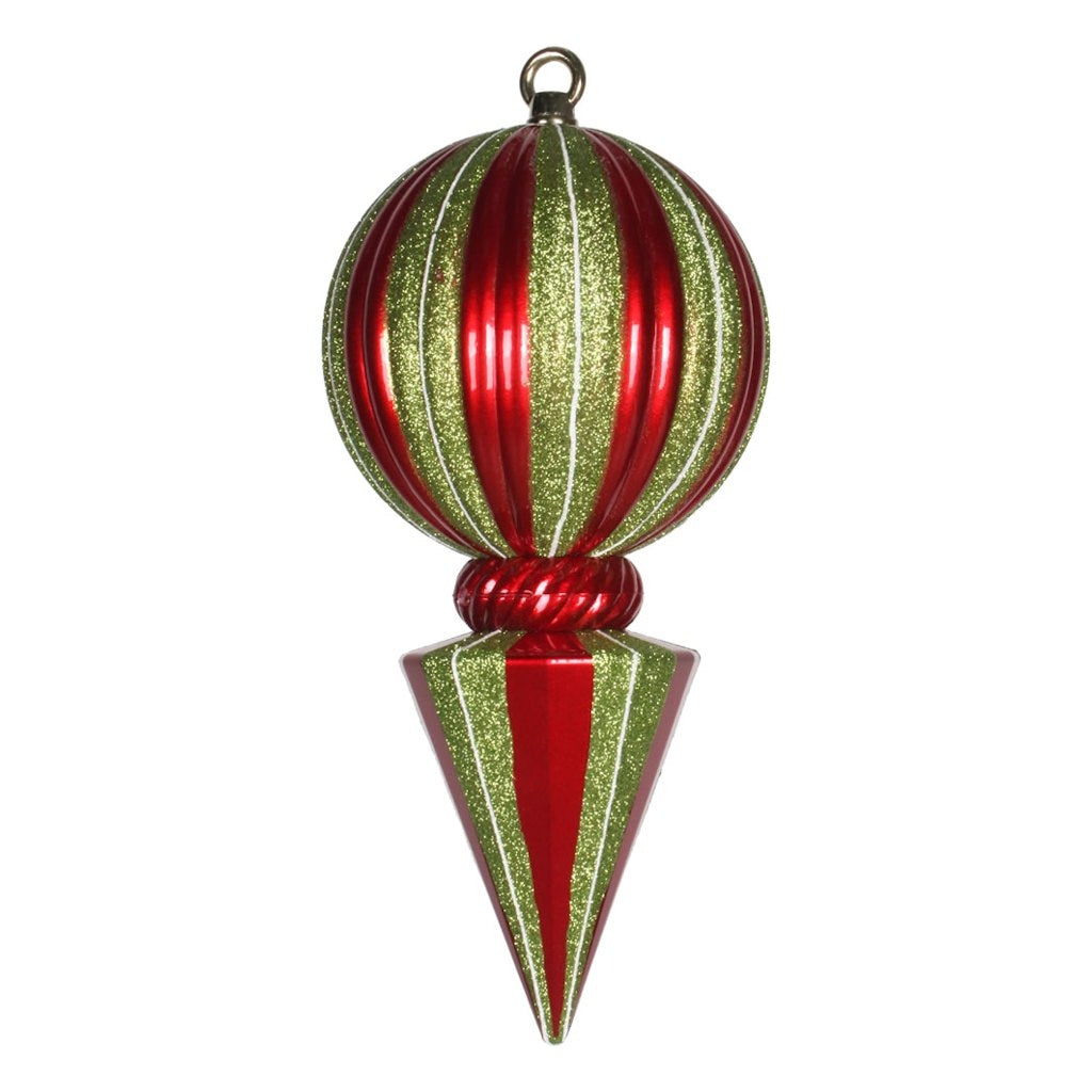 12" Red / Lime Striped Glitter Ball Finial Ornament 1