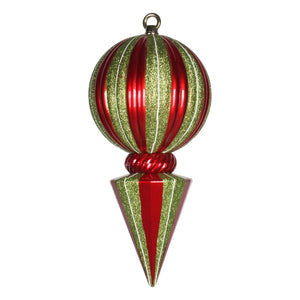 12" Red / Lime Striped Glitter Ball Finial Ornament 1