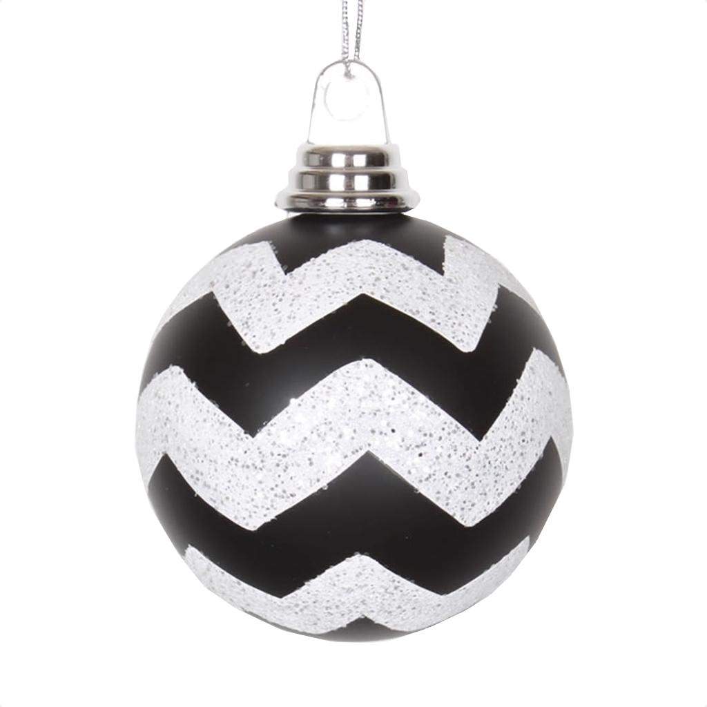 4" Black / White Plastic Matte-Glitter Chevron Ball Ornament (4 pack) 1