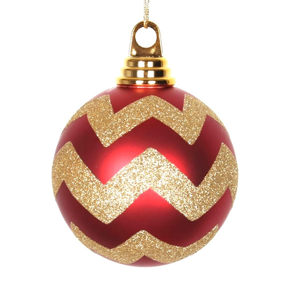 4" Red / Gold Matte Glitter Chevron Ball Ornament (4 pack) 1