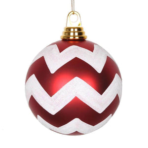 4.75" Red / White Plastic Matte-Glitter Chevron Ball Ornament (3 pack) 1