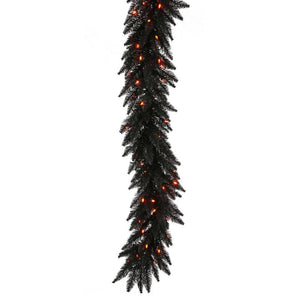 9' Artificial Black Garland with 100 Orange LED Lights 1