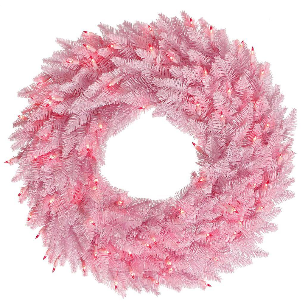 30" Artificial Pink Fir Wreath 100 Pink LED Lights 1