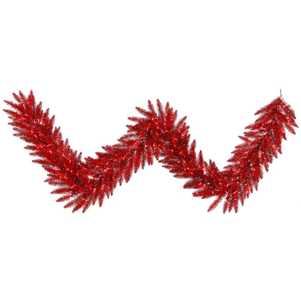 9' Artificial Tinsel Red Garland with 100 Red LED Lights 1