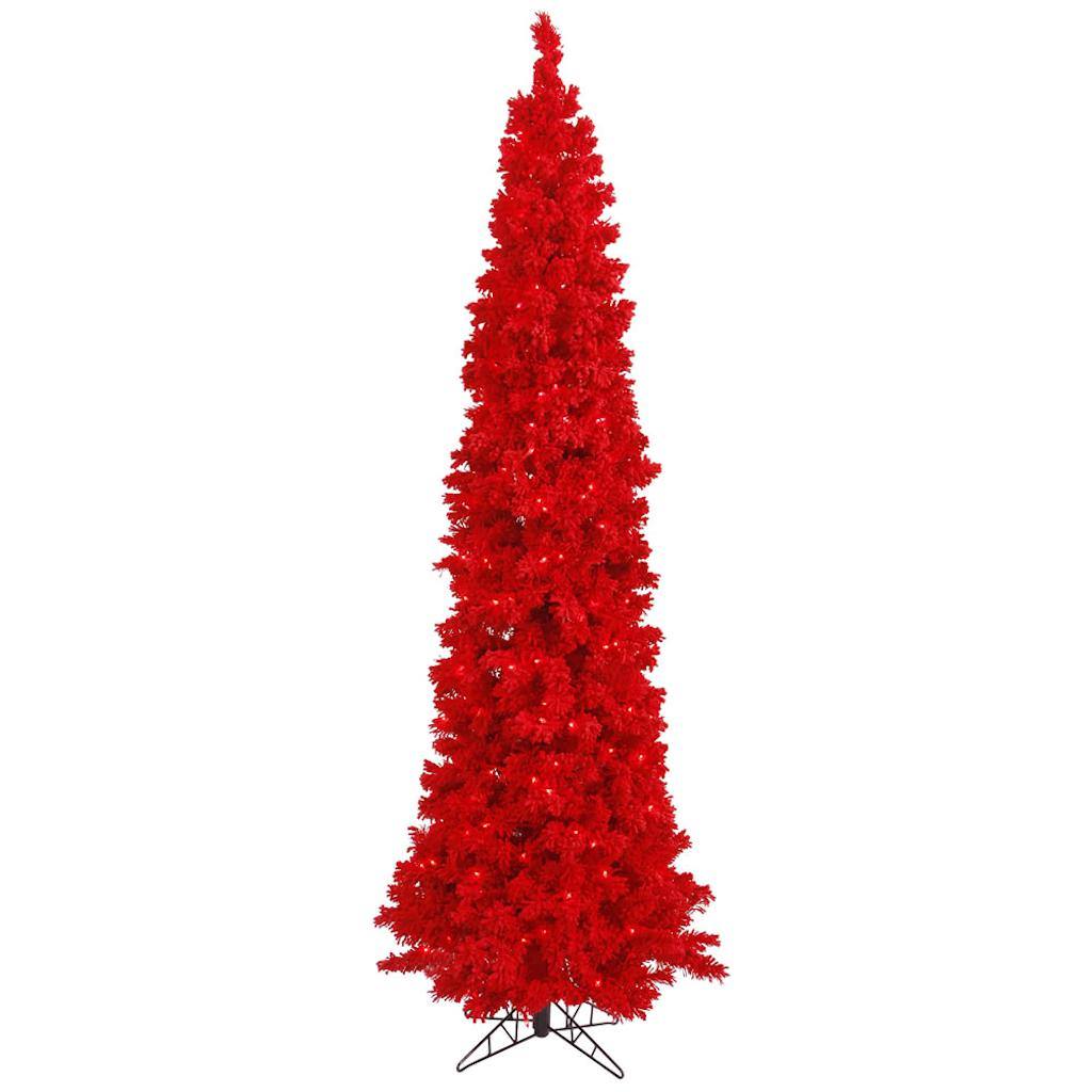 6.5' x 27" Flocked Red Pencil Tree with 250 Red LED Lights 1