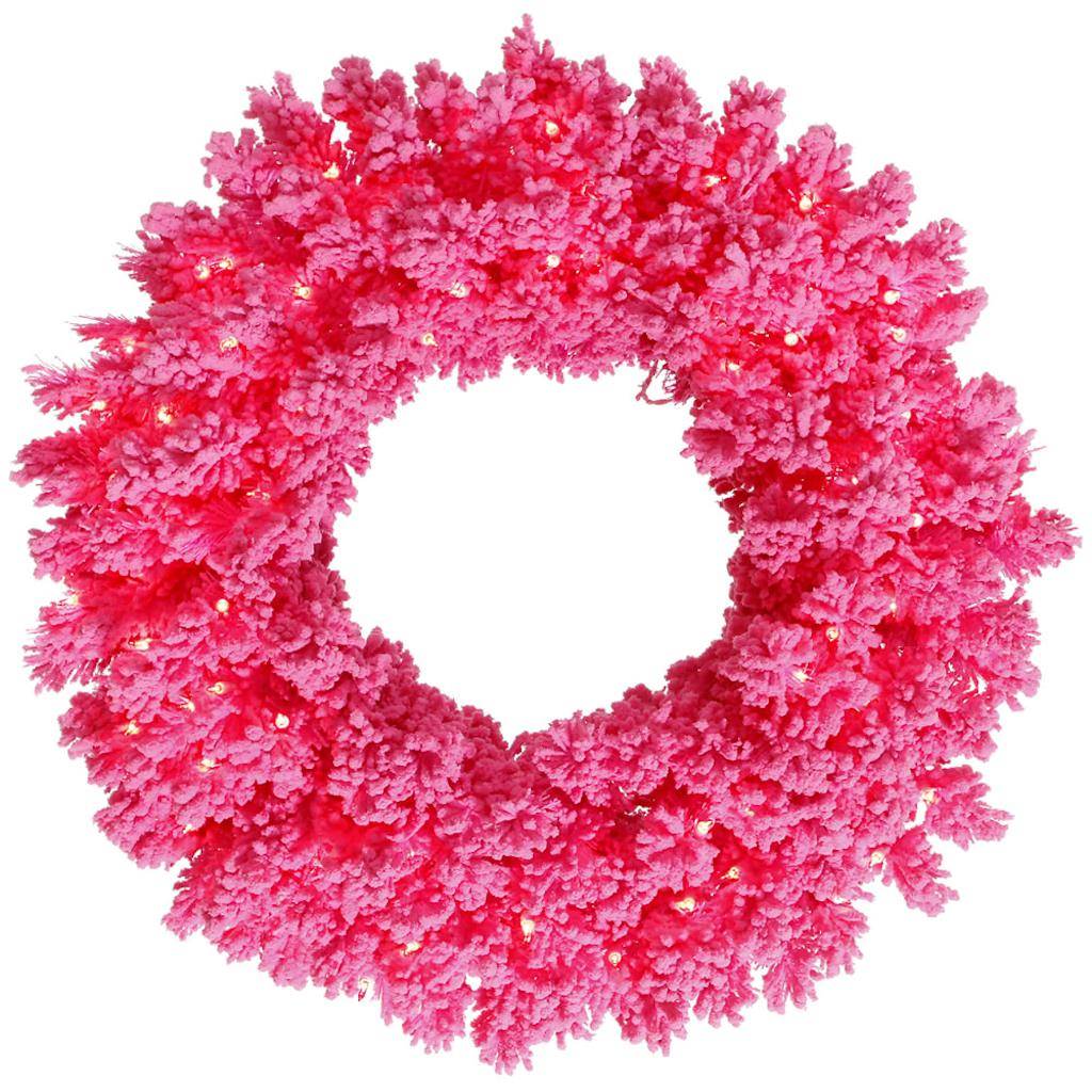 24" Artificial Flocked Pink Wreath 50 Pink LED Lights 1