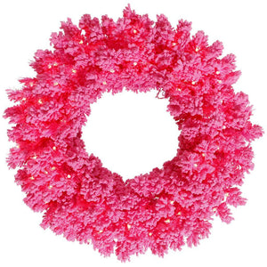 24" Artificial Flocked Pink Wreath 50 Pink LED Lights 1