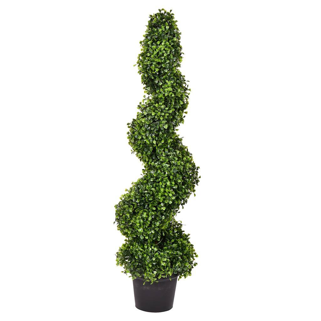 36" Artificial Boxwood Spiral on Black Planters Pot 1