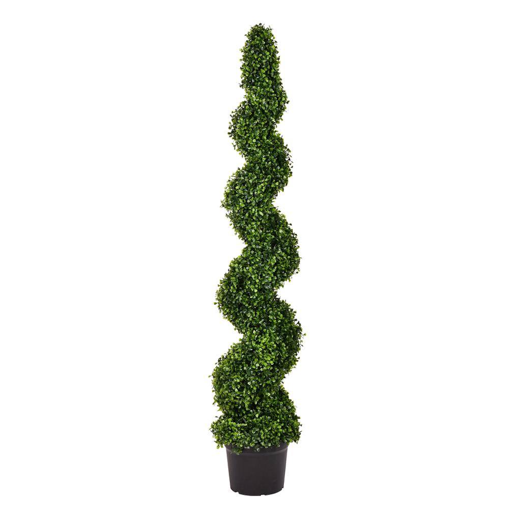 60" Artificial Boxwood Spiral Topiary Potted in a Black Planters Pot 1