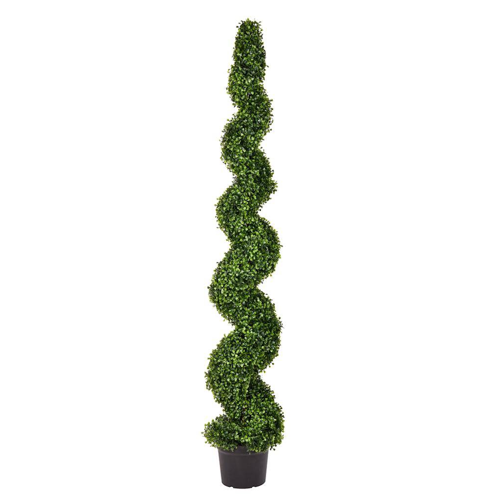 72" Artificial Boxwood Spiral Topiary Potted in a Black Planters Pot 1