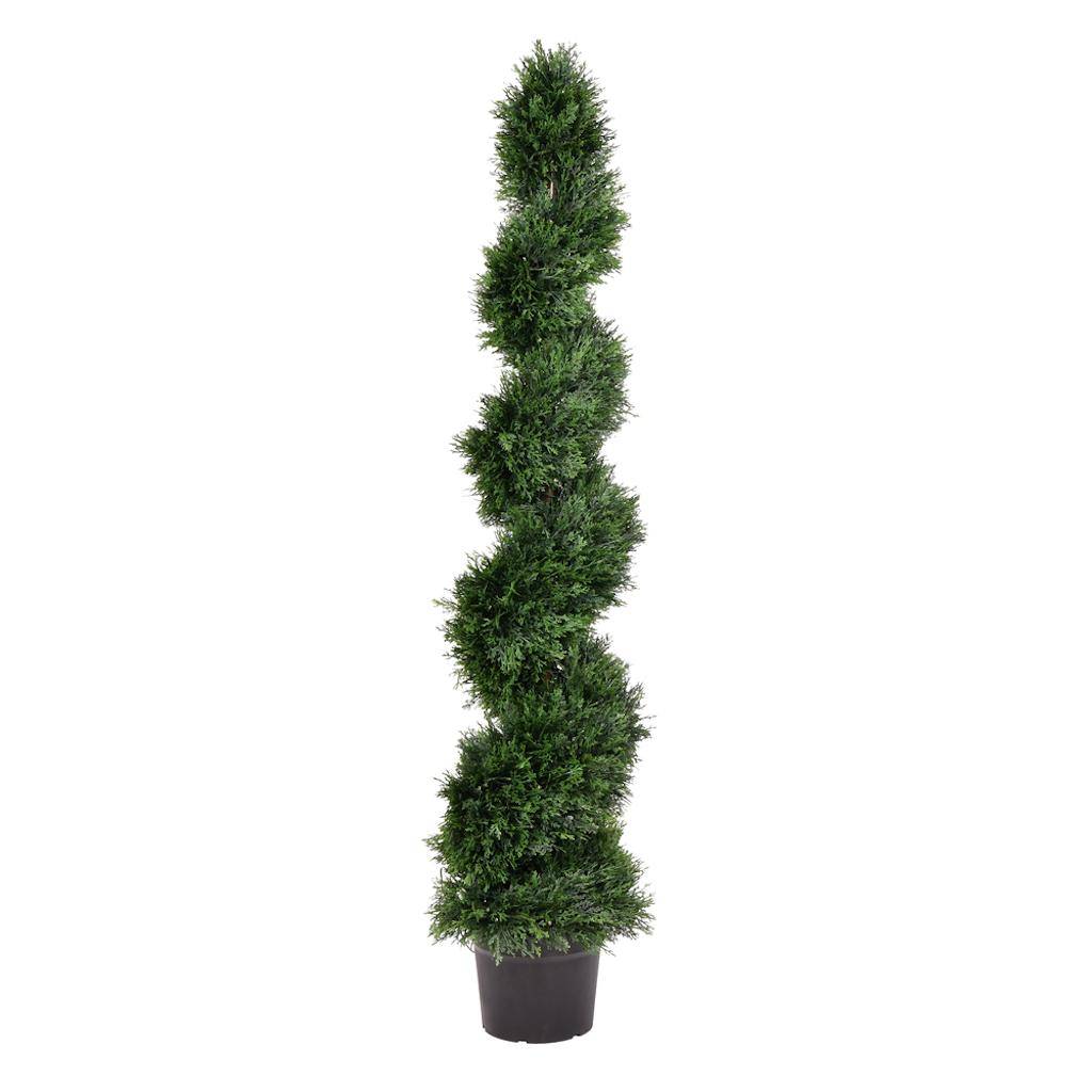 60" Artificial Cedar Spiral Topiary Potted in a Black Planters Pot 1