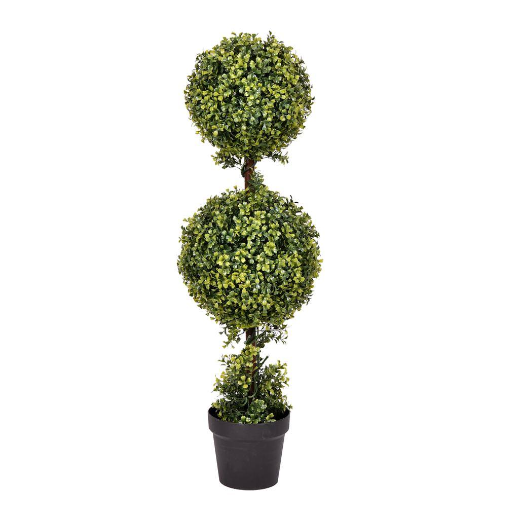 36" Artificial Double Ball Green Boxwood Topiary in Black Planters Pot 1