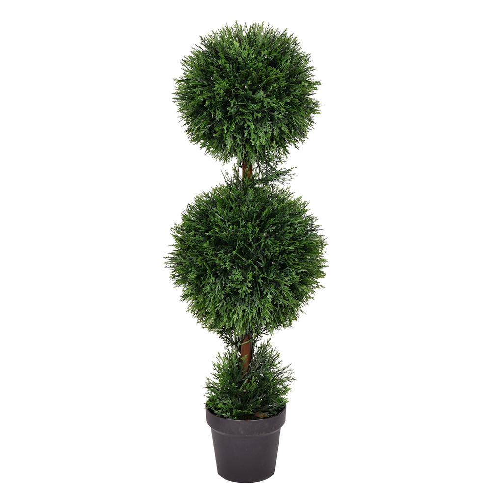 36" Artificial Double Ball Green Cedar Topiary in Black Planters Pot 1