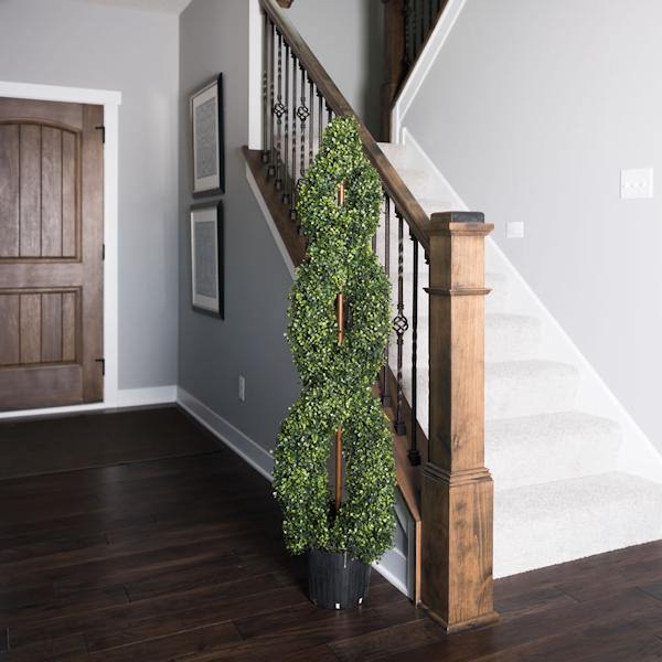 60" Artificial Boxwood Double Spiral Topiary Potted in a Black Planters Pot 4