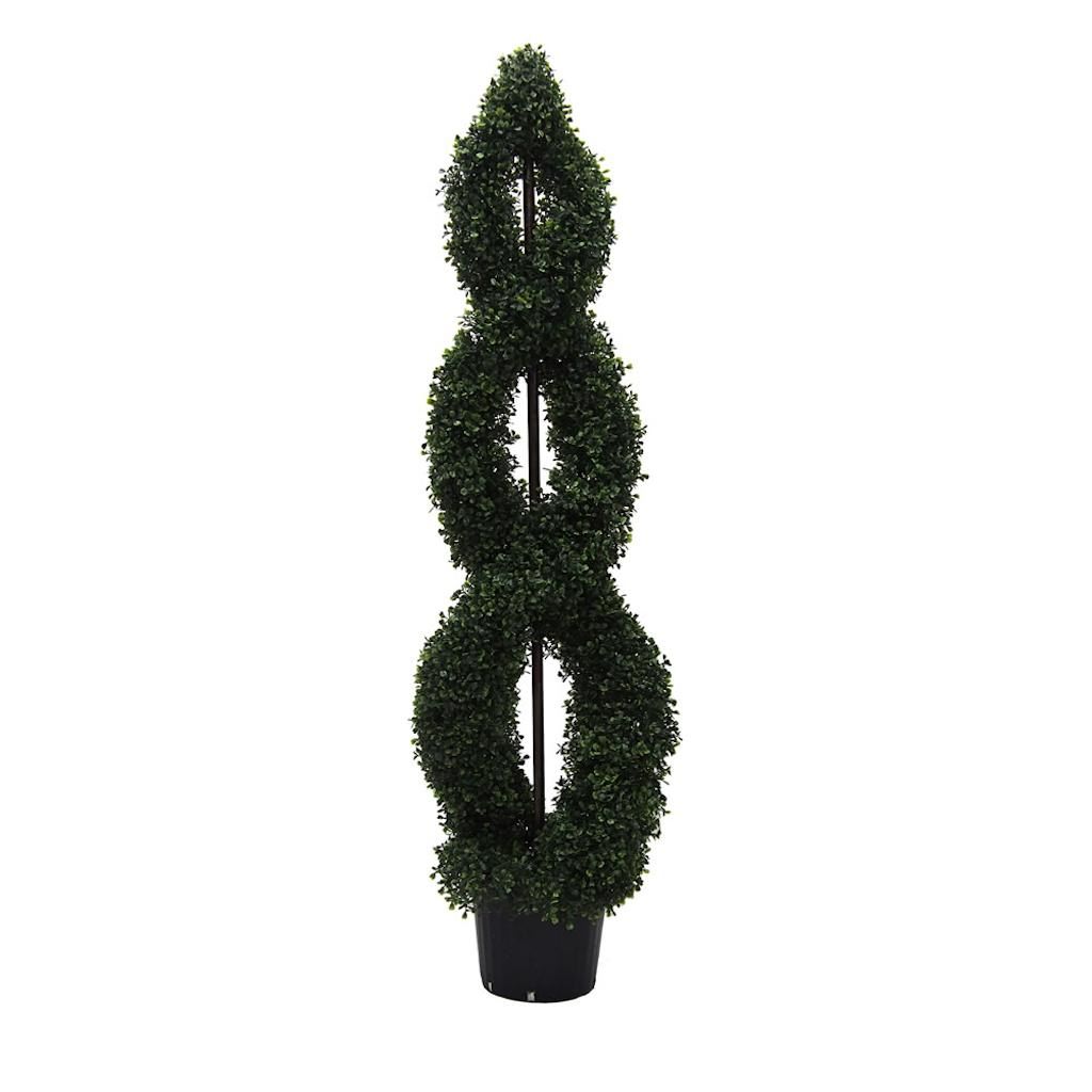 60" Artificial Boxwood Double Spiral Topiary Potted in a Black Planters Pot 1