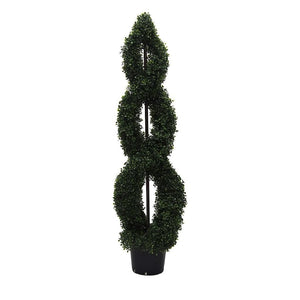 60" Artificial Boxwood Double Spiral Topiary Potted in a Black Planters Pot 1