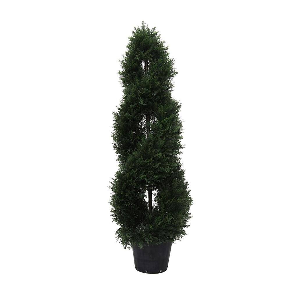 48" Artificial Cedar Double Spiral Topiary Potted in a Black Planters Pot 1