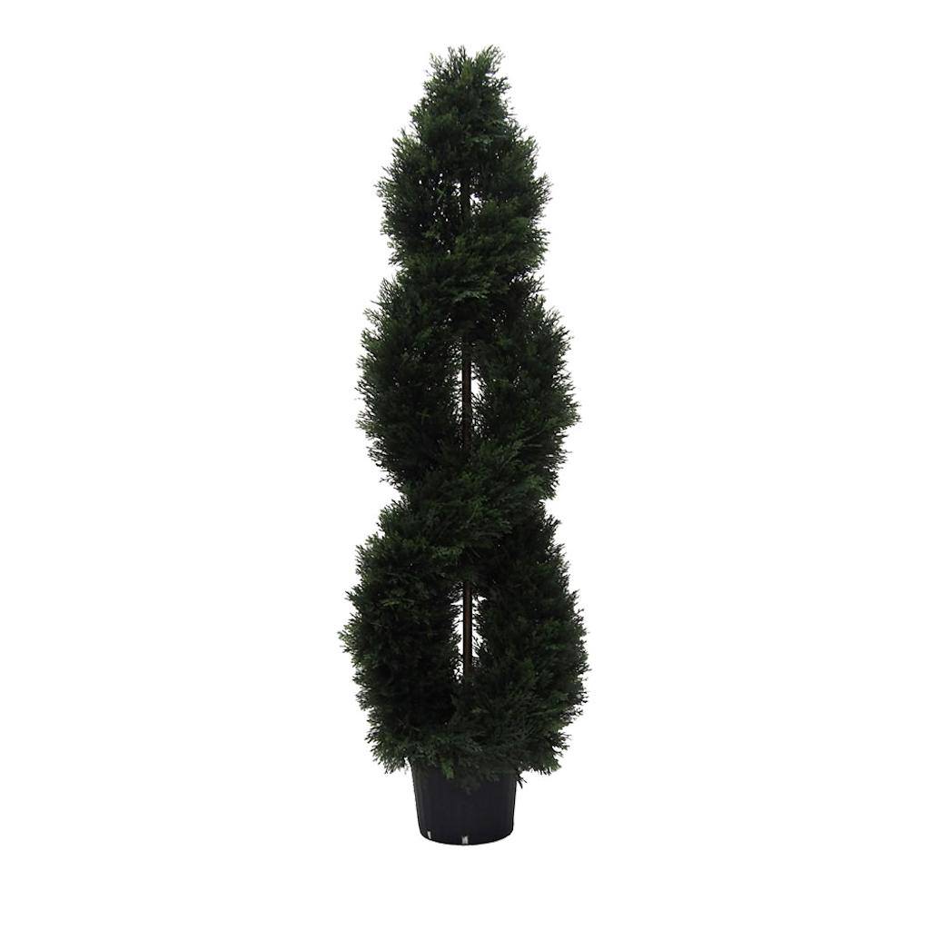 60" Artificial Cedar Double Spiral Topiary Potted in a Black Planters Pot 1