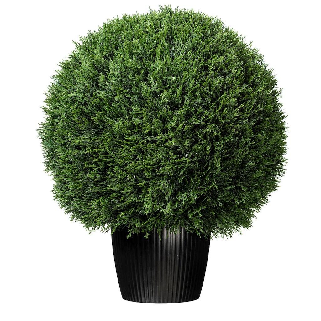 24" Artificial Cedar Ball Topiary Potted in a Black Planters Pot 1