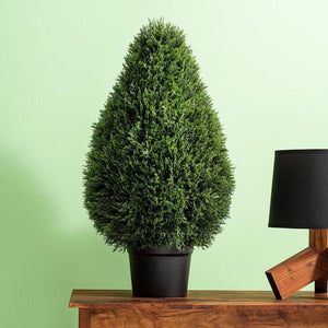 36" Artificial Cedar Teardrop Topiary Potted in a Black Planters Pot 4