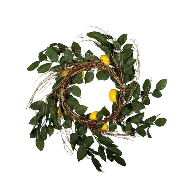 24" Artificial Green and Yellow Salal Leaf Lemon Wreath 4