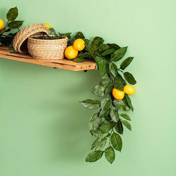 6' Artificial Green and Yellow Salal Leaf Lemon Garland 3