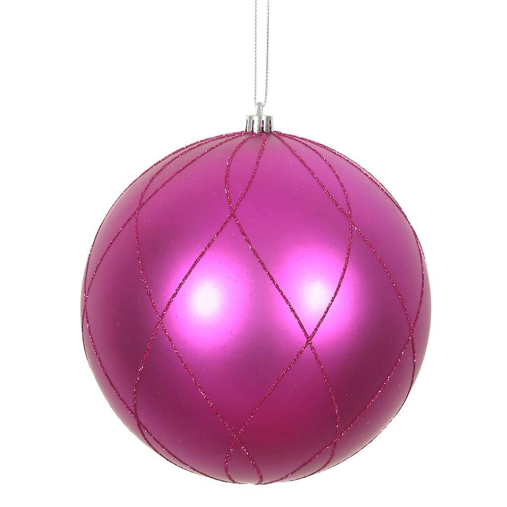 6" Fuchsia Matte Finish Glitter Swirl Ball Ornament (3 pack) 1