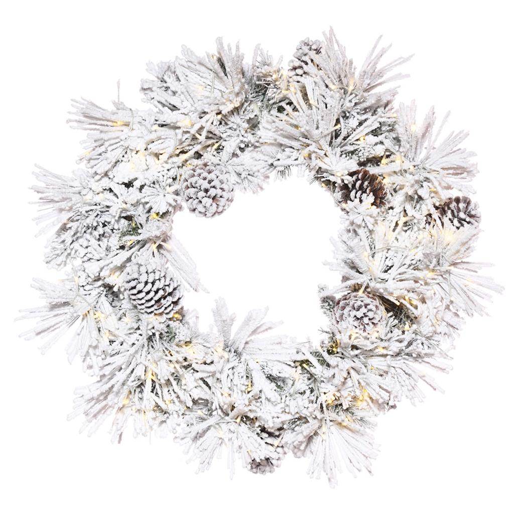 24" Artificial Flocked Atka Pine Wreath 150 Warm White LED Lights 1