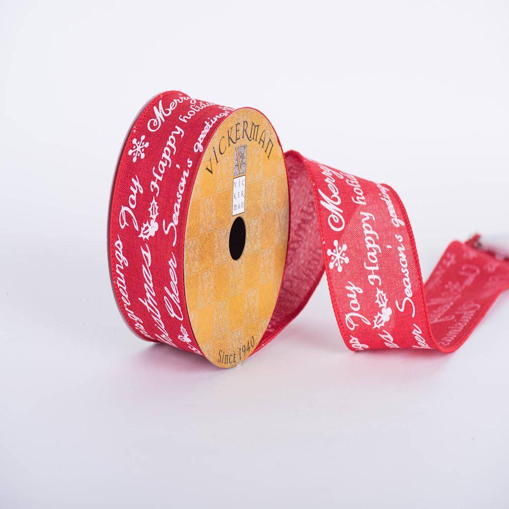 2.5" x 10yd Red/White Holiday Greetings Ribbon 1