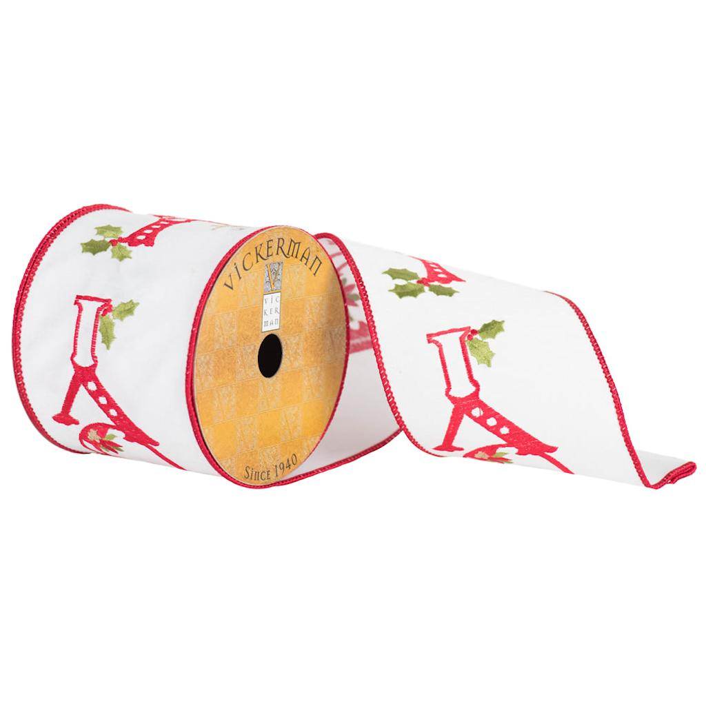 4" x 10yd Red/White/Green Embroidered Ribbon 1