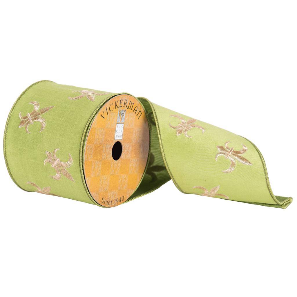 4" x 10yd Green/Gold Embroidered Fleur-de-lis Ribbon 1
