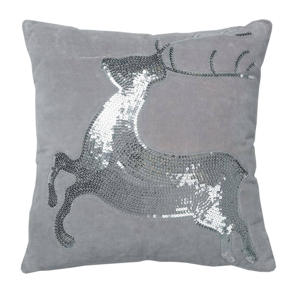 18" x 18"  Cotton Velvet Sparkling Silver Sequin Deer Motif Pillow 1