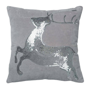 18" x 18"  Cotton Velvet Sparkling Silver Sequin Deer Motif Pillow 1